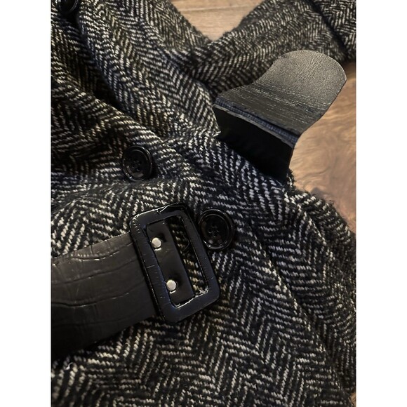 ZARA Wool Blend Belted Bouclé Coat Large* Herringbone Black White Shawl Collar - Picture 4 of 7
